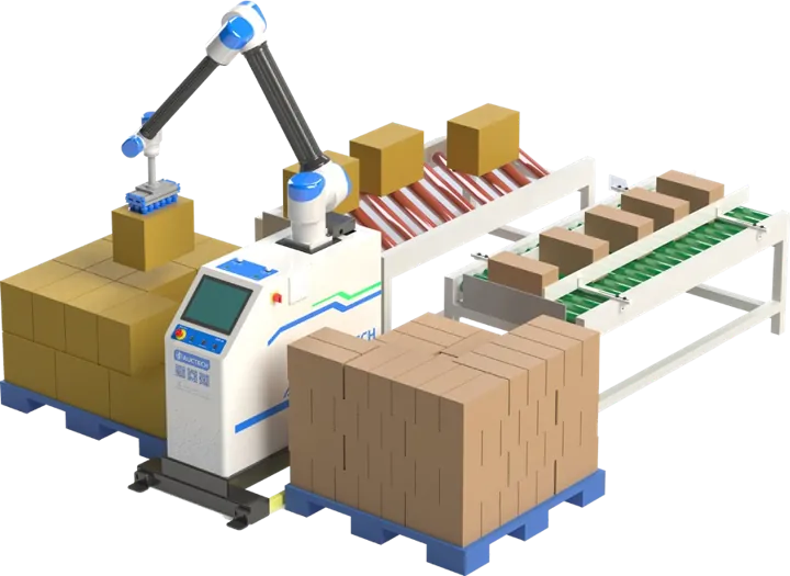 Paletizavimas robotu su dviem konvejeriais